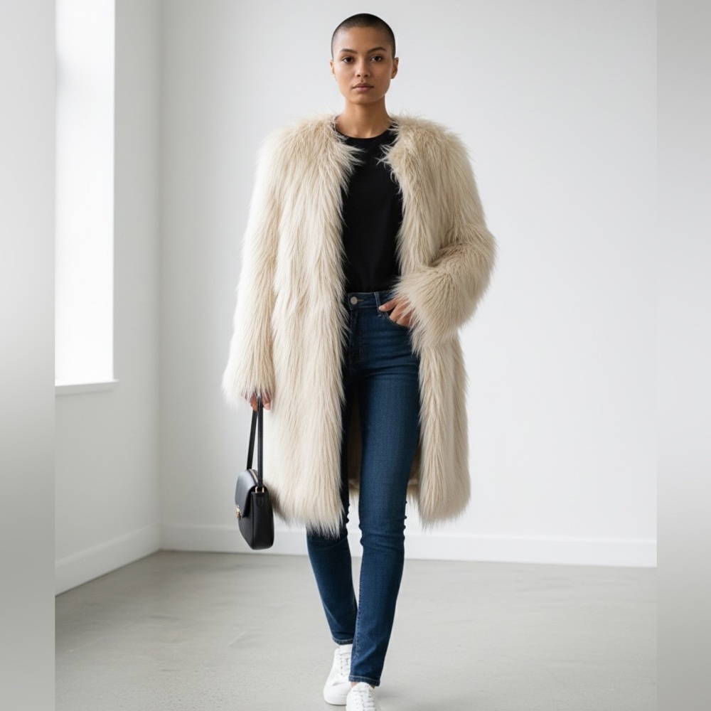 Boohoo Maxi Faux Fur Coat Womans size 10 Hollywood Glam Vintage Look